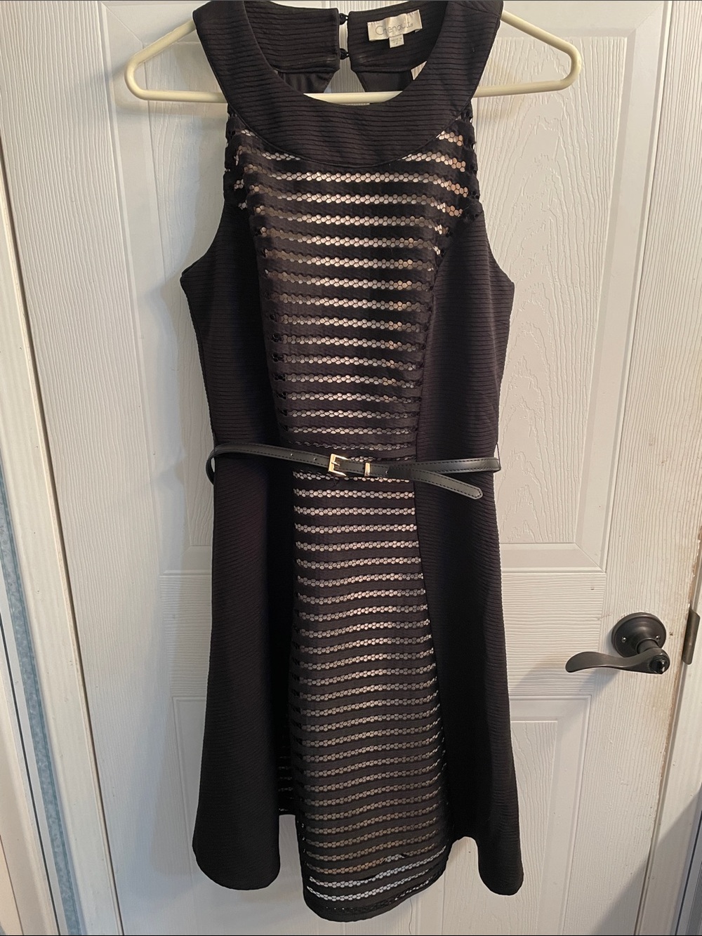 Chenault Black Midi Dress with Sequined Striped Front